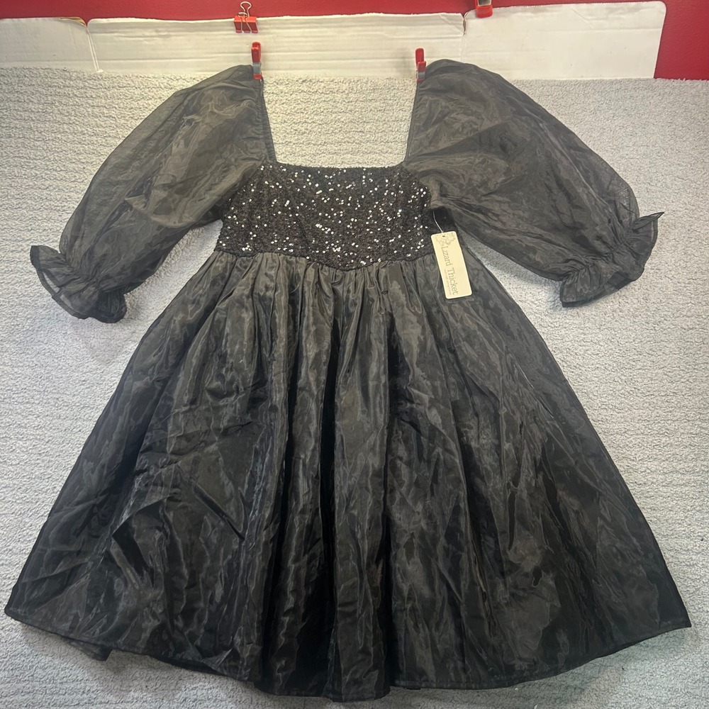 Lyn Burches nwt Mini Dress Sequin Organza Puff Sleeve Black M Goth Coquette